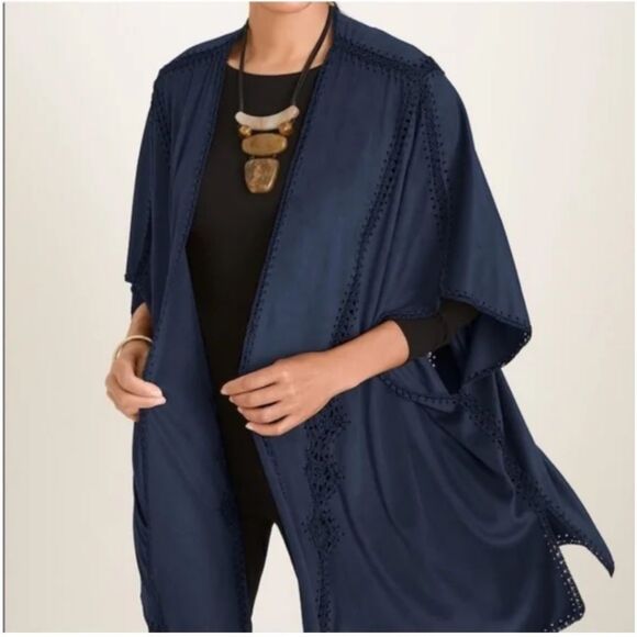 Chico's | Sweaters | Chicos Womens Faux Suede Navy Crochet Ruana Open ...